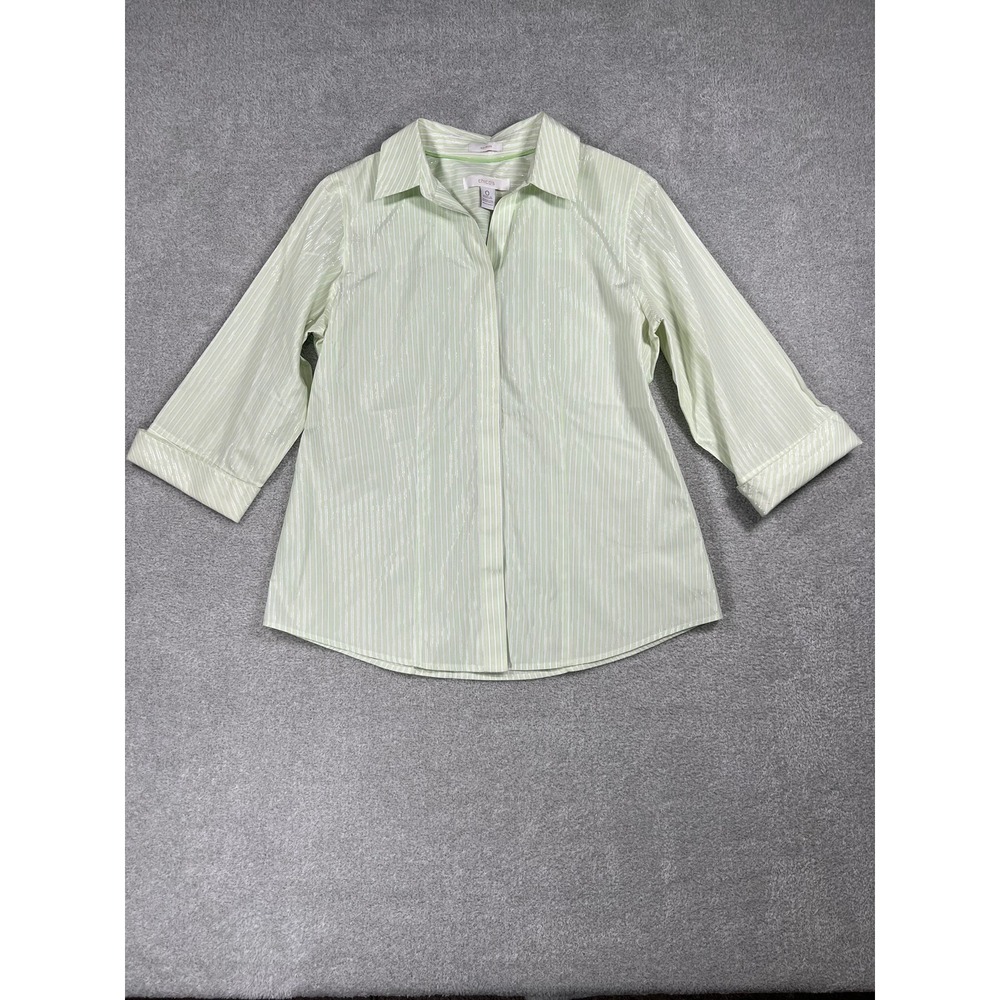 Chico's No-Iron Green‎ White Striped Metallic Button Down Shirt Womens 0 Small